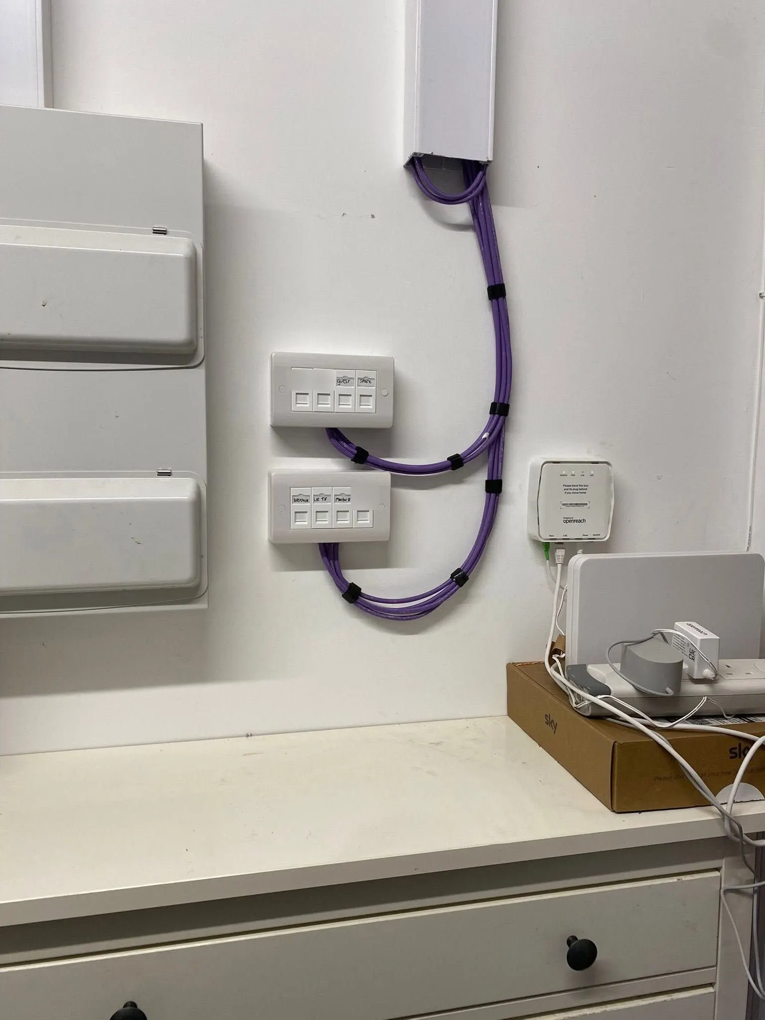 Two four-port data plates with hand-written labels beside a consumer unit, fed by purple cable from white trunking