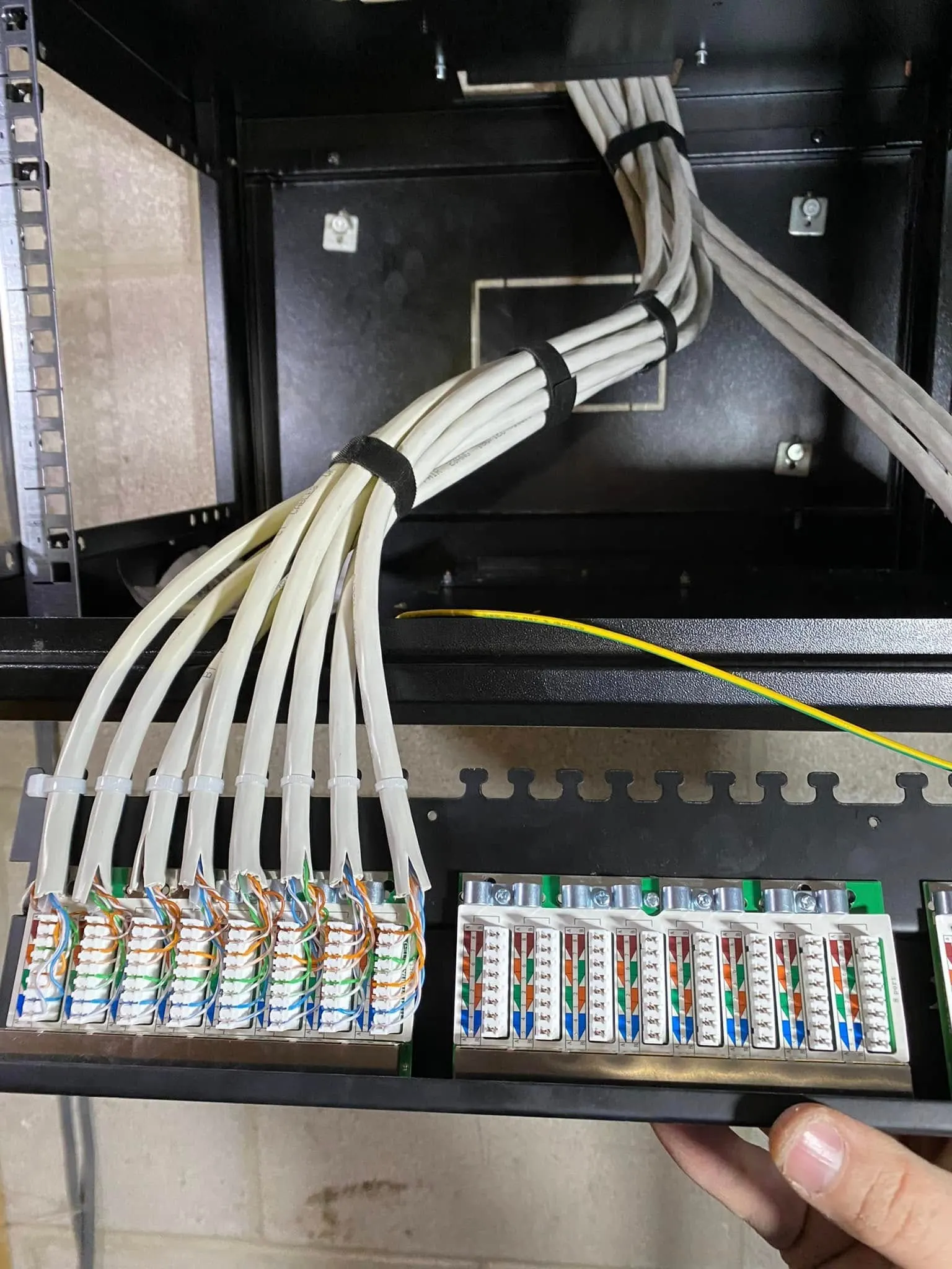 Rear of a patch panel with eight grey cables cable-tied and punched down into colour-coded terminal blocks