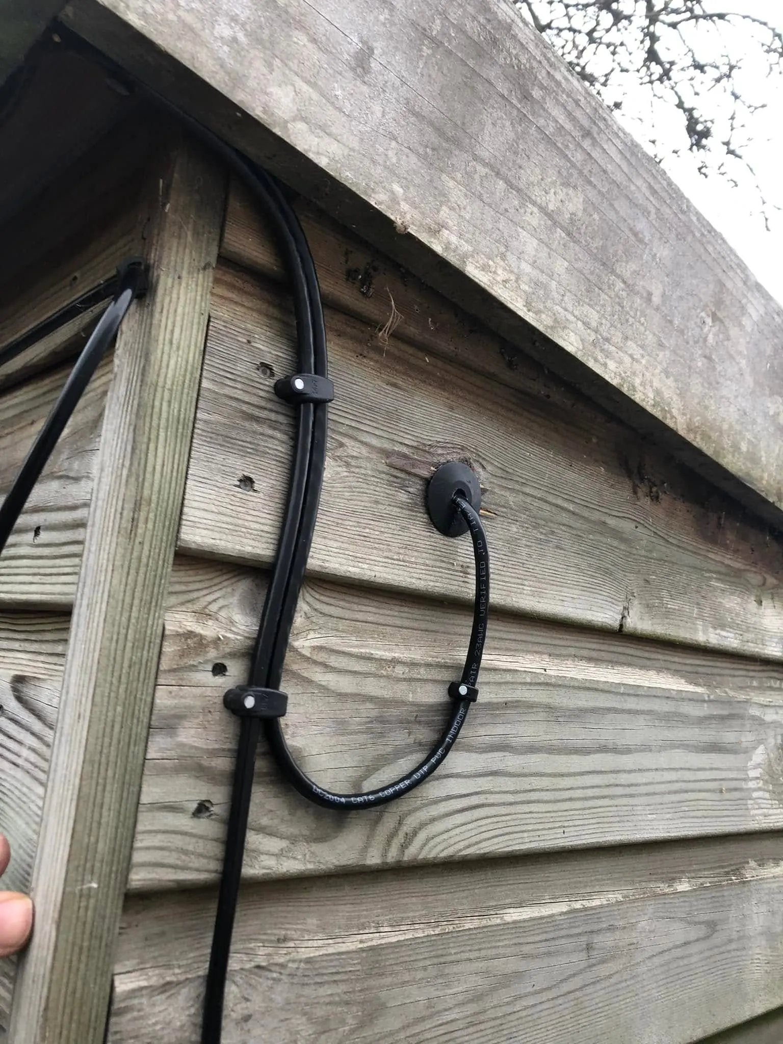 Black CAT6 cable looping into a timber shed wall through a rubber grommet just under the eaves